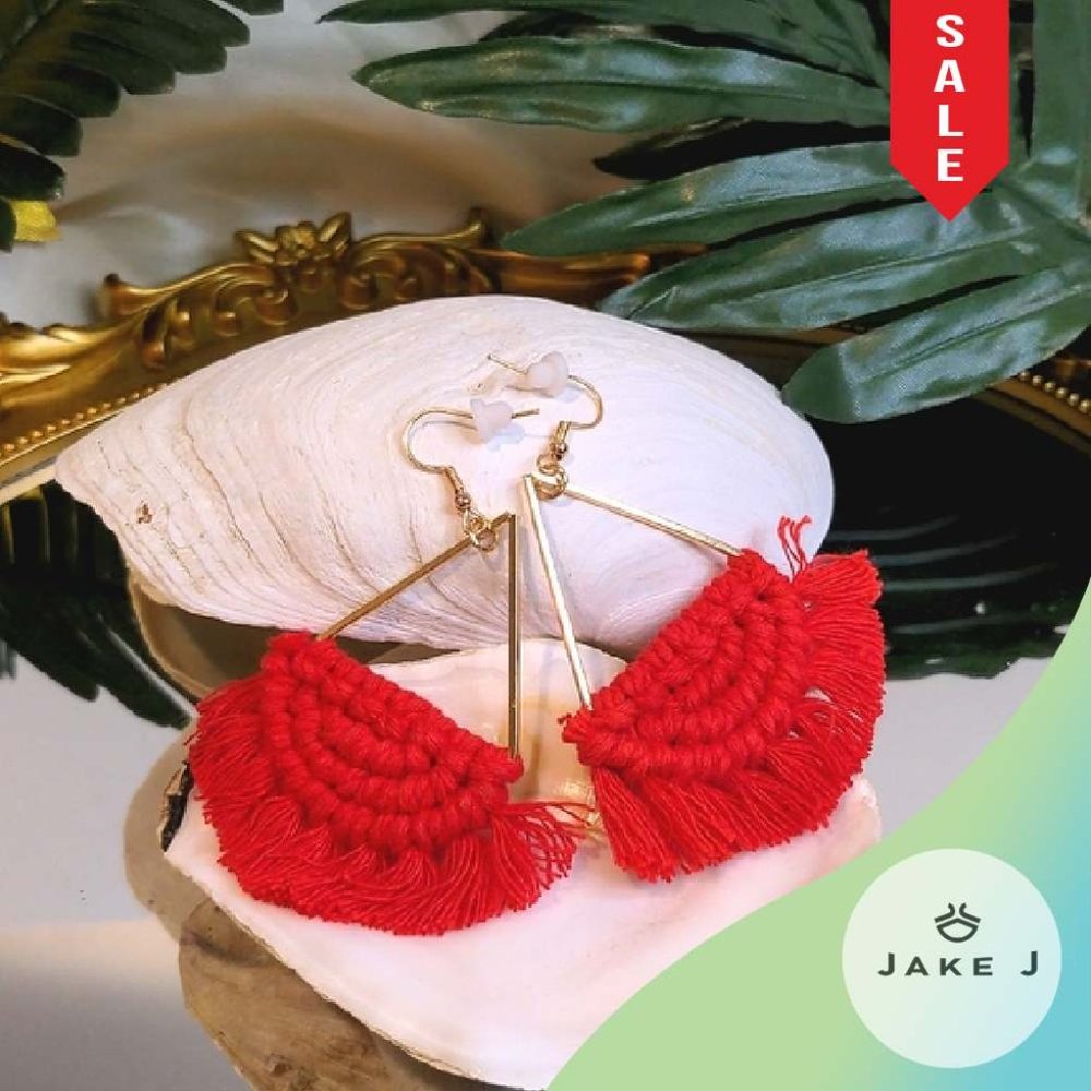 🍑Bohemian Macrame Red Punch Summer Abstract Fringe Earrings One Size